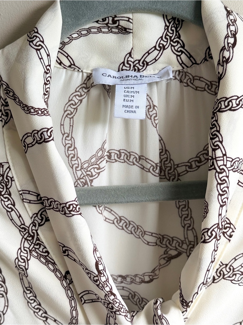 Caroline Belle Cream Tie-Neck Blouse with Black Chain Print Women’s Size Medium - Picture 3 of 9